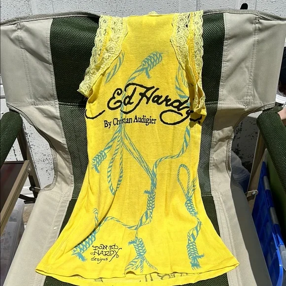 Ed Hardy Yellow Skull Graphic Tank with Lace - Picture 5 of 7